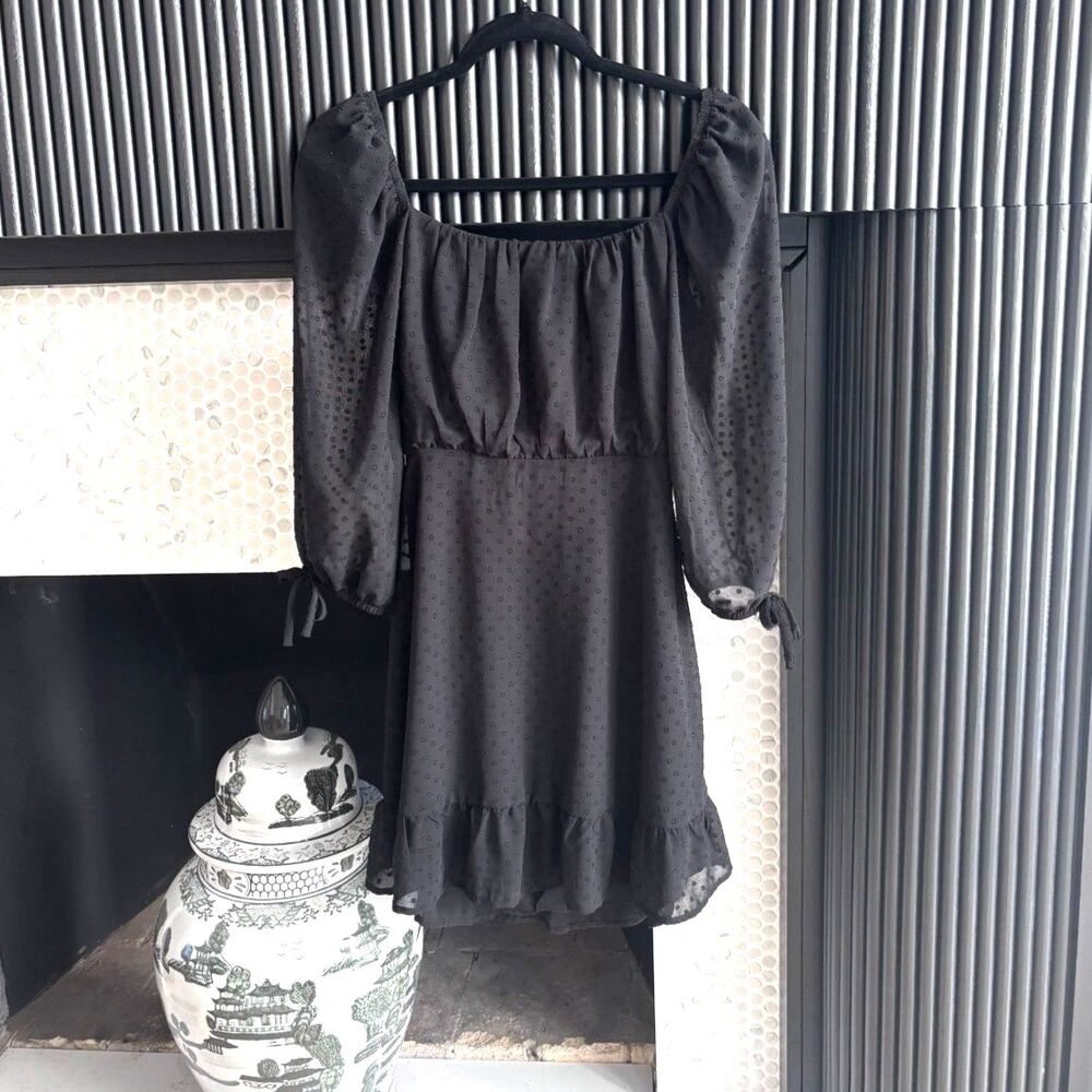 Speechless Black Swiss Dot Milkmaid Puff Sleeve Mini Dress S